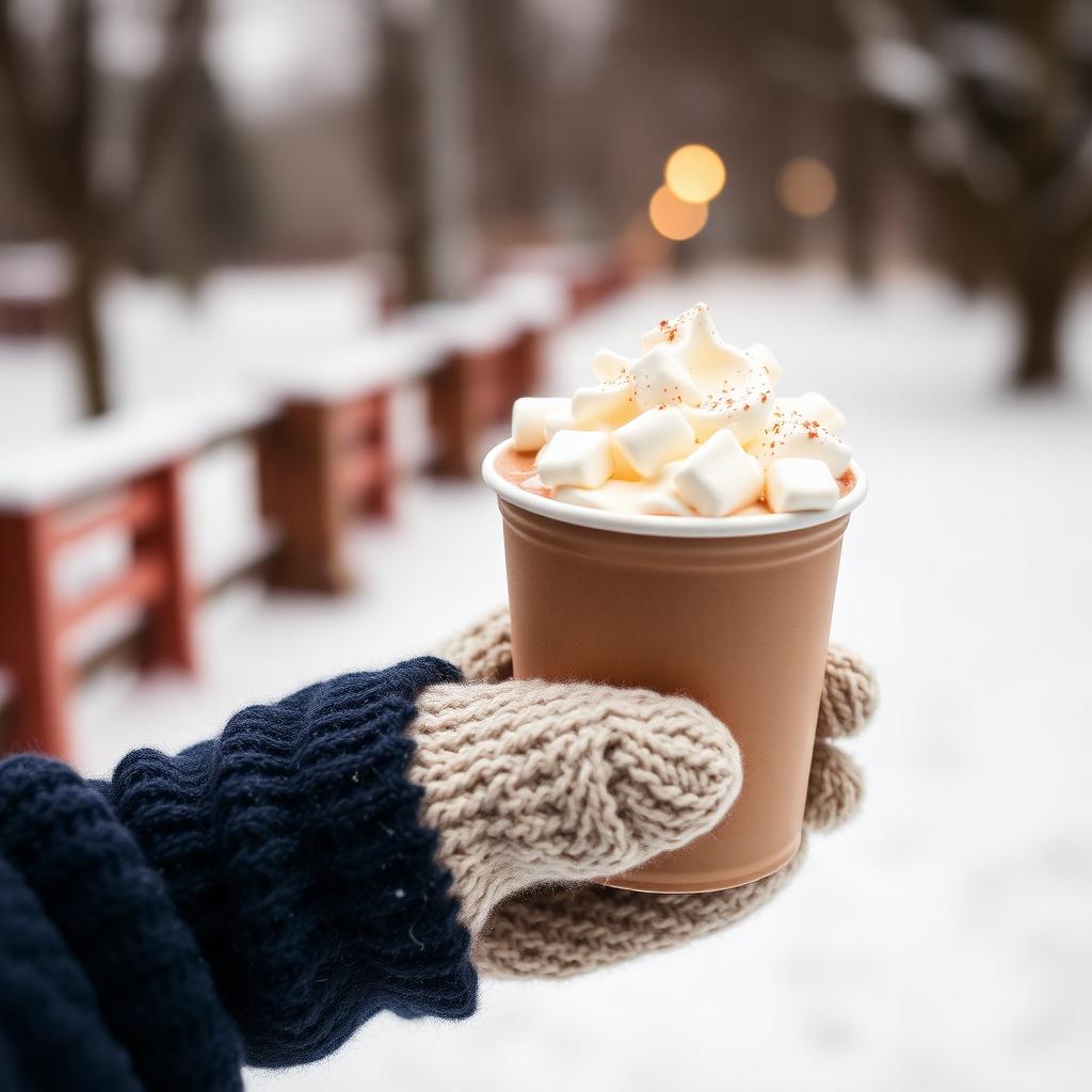 Hot chocolate with marshmallows held in mittens