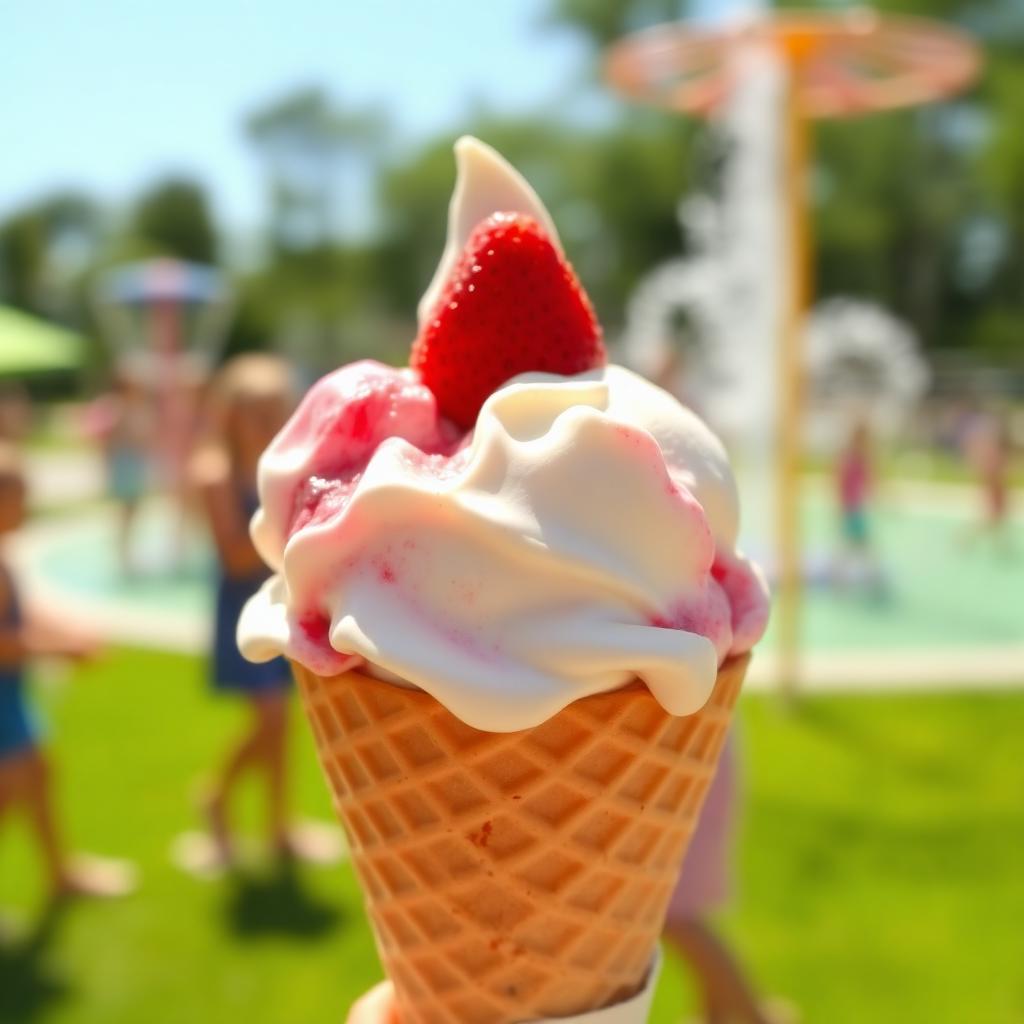 Ice cream cone with strawberry, splash pad in background