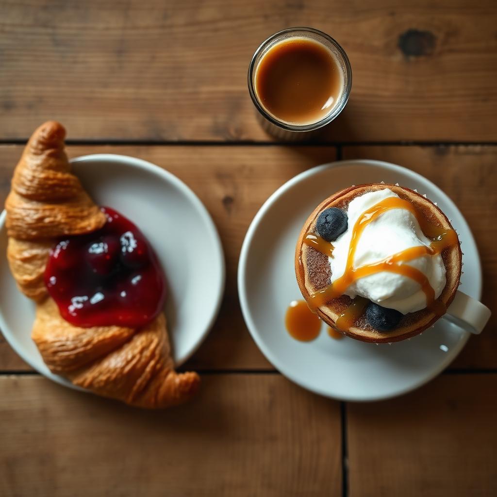Fresh croissant with jam and warm blueberry muffin with ice cream
